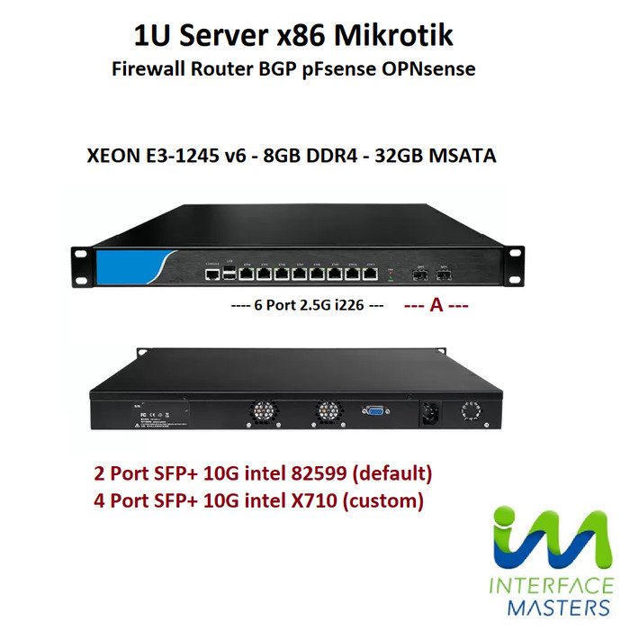 Mikrotik x86 pfsense Intel i7 sfp+ 10G 40G - xeon e3-1245 v6, 2 Port SFP+ 10G 1U Firewall Server Router